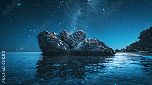 A heart-shaped rock formation in the middle of a tranquil sea, under a starry night sky, symbolizing love and compassion in social justice