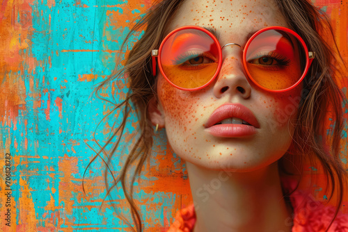 Young Woman in Vibrant Orange Sunglasses.
Close-up of a woman with striking orange sunglasses against a colourful background.