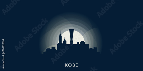 Kobe cityscape skyline city panorama vector flat modern banner illustration. Japan megapolis emblem idea with landmarks and building silhouettes at sunrise sunset night