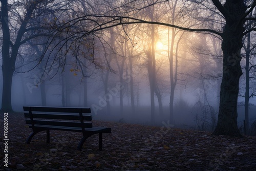 Lonely bench in a foggy park at dawn