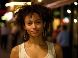 Serene Beauty of a Curly-Haired Black Woman in Urban Evening. Generative AI.