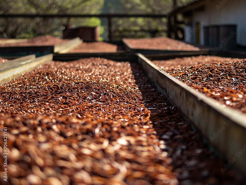 Rooibos Tea drying process. Zoom in on the Rooibos leaves being sun-dried on large trays. Rooibos Tea drying process. Zoom in on the Rooibos leaves being sun-dried on large trays.