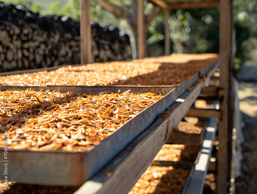 Rooibos Tea drying process. Zoom in on the Rooibos leaves being sun-dried on large trays. Rooibos Tea drying process. Zoom in on the Rooibos leaves being sun-dried on large trays.