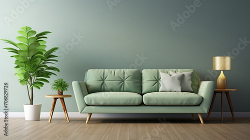 retro mid century style sage green fabric sofa with wooden floor © Aura