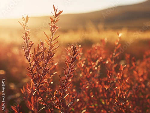 the essence of Rooibos Tea in its natural habitat.Focus on the vibrant red Rooibos leaves against the earthy tones of the South African landscape.