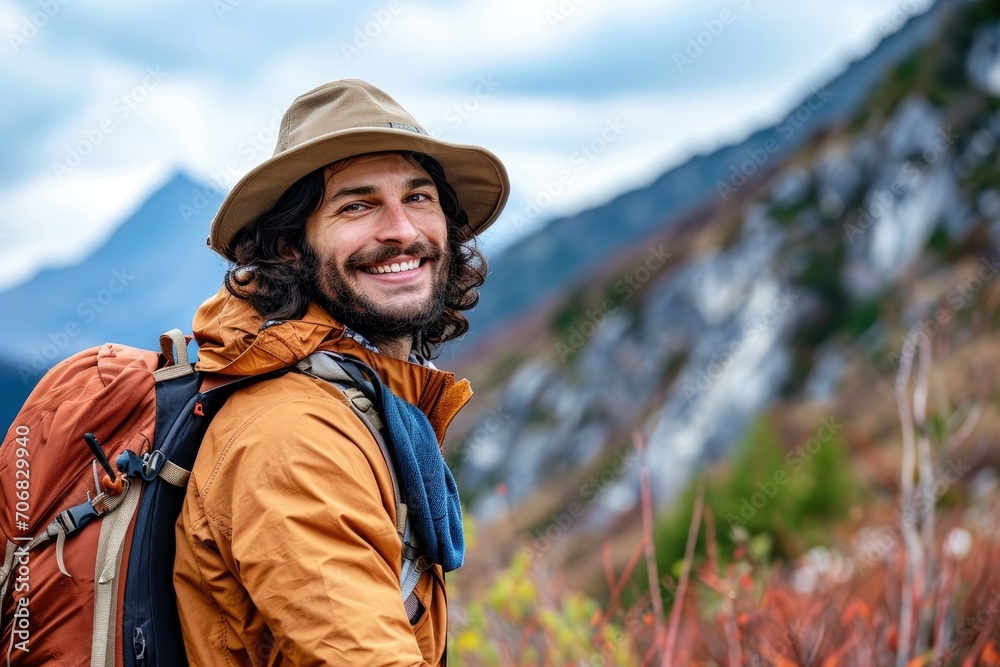 Travel enthusiast in a hat and backpack, smiling, on a scenic mountain background.