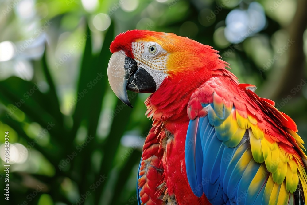 Vibrant macaw parrot in a tropical setting