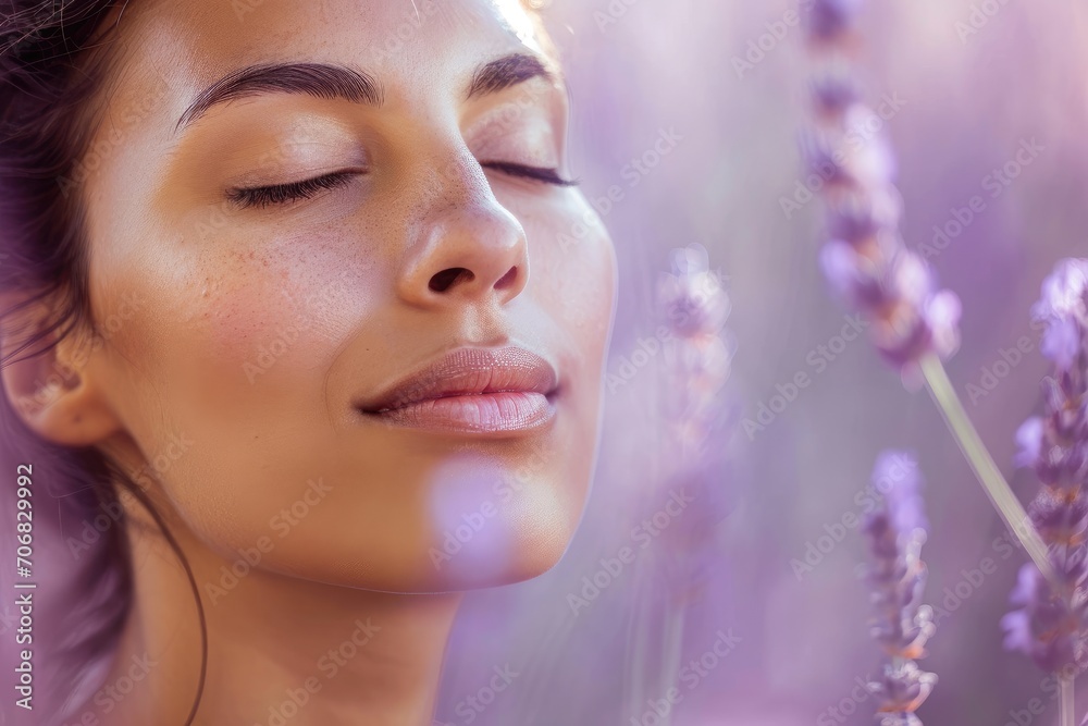 Woman enjoying a peaceful moment, serene expression, on a gentle lavender background.