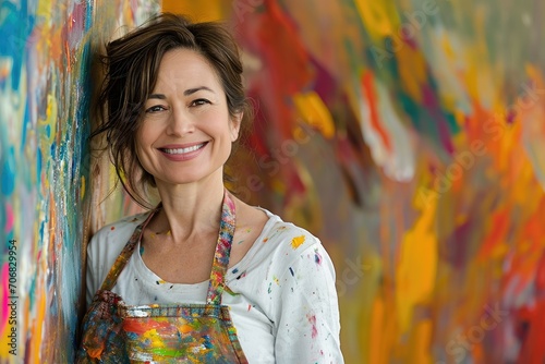 Vibrant artist in her studio, with a paint-streaked apron, against a canvas of bold colors.