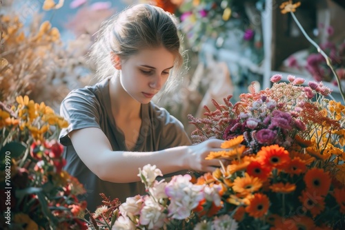 Vivacious florist arranging a bouquet of wildflowers, against a backdrop of floral abundance.