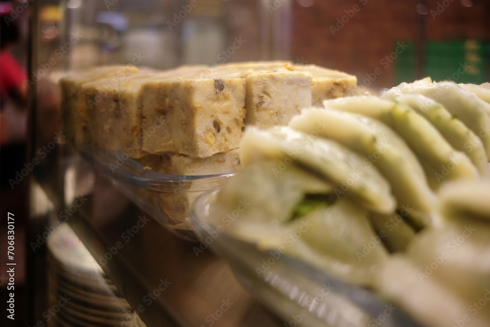 Delicious home made steamed yam cakes in chunky pieces for sale at a