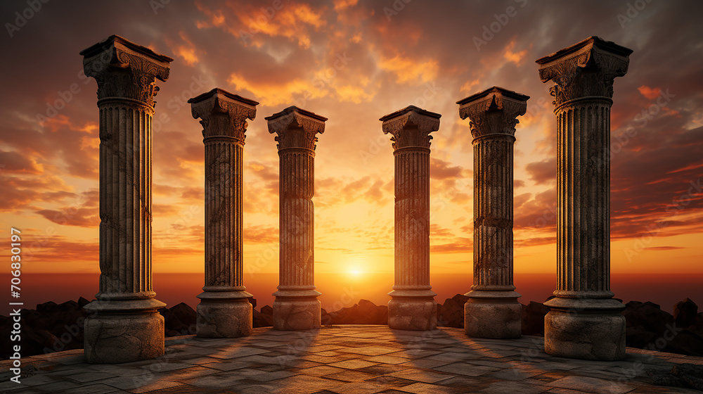 beautiful three ancient pillars with sunset sky background - obrazy, fototapety, plakaty 