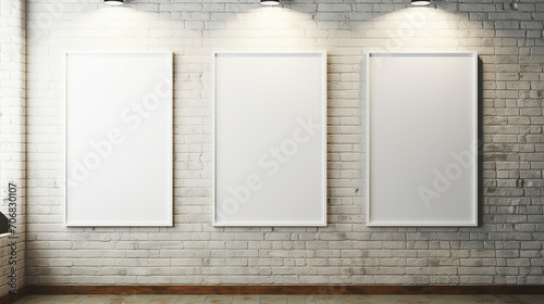 shop with three white blank posters on wall. advertisement and retail concept. mock up, 3D rendering photo