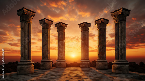 beautiful three ancient pillars with sunset sky background photo