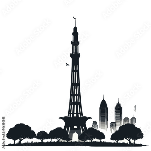 Minar-e-Pakistan.  silhouettes , Famous Landmark of Pakistan located in the city of Lahore, Pakistan. abstract Vector illustration ,   14 august photo