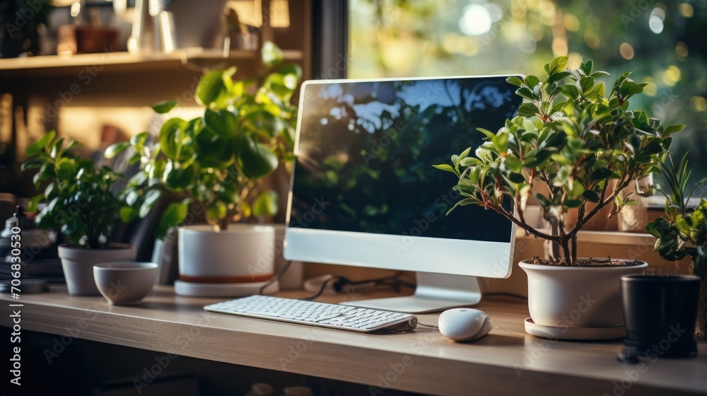 Stylish workspace with work desk, desktop computer, house plants and books. Stylish workspace with work desk, desktop computer, house plants and books.