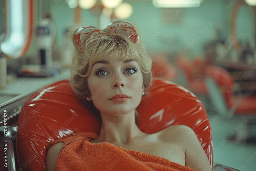 Portrait of a 40 year old blond woman with red towel, 60's style, in a hairdressing salon. International women's day.