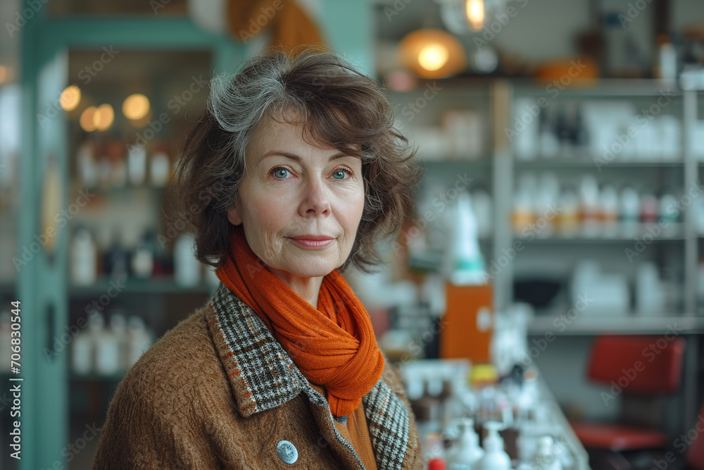 Portrait of a 60 years old woman, retro style, in a beauty products store. International women's day.