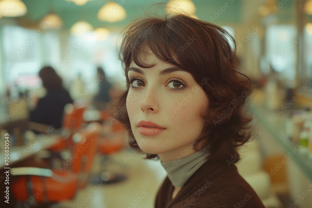 Portrait of a 40 years old woman, retro style, in a hairdressing salon. International women's day.