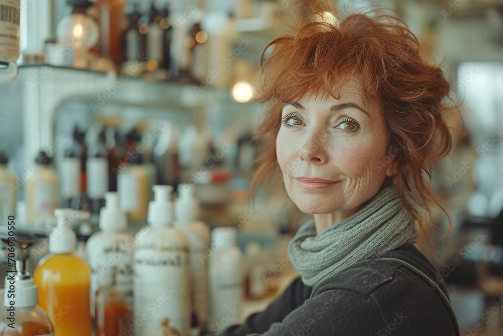 Portrait of 60 years old woman, retro style, in a hair products store. International women's day.
