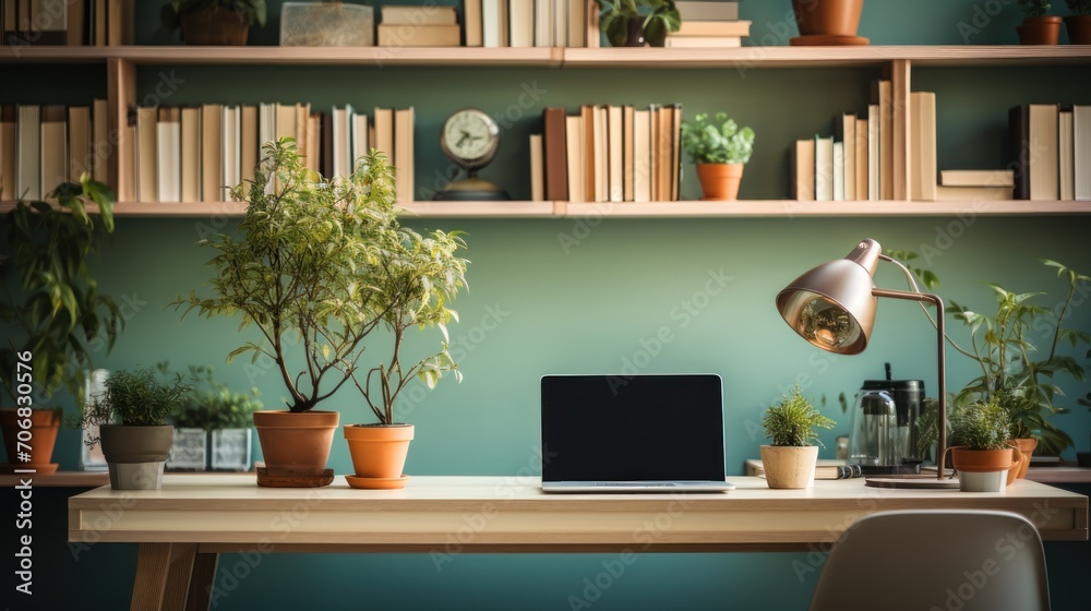 Stylish workspace with work desk, desktop computer, house plants and books. Stylish workspace with work desk, desktop computer, house plants and books.