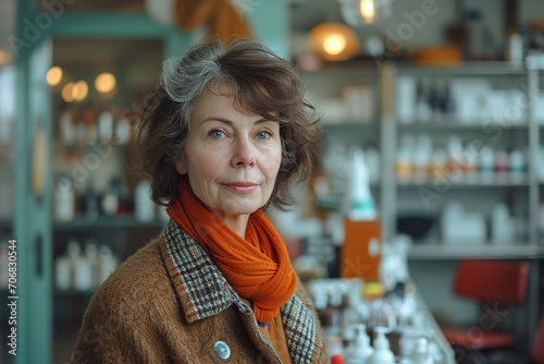 Obraz na płótnie Portrait of a 60 years old woman, retro style, in a beauty products store. International women's day. w salonie