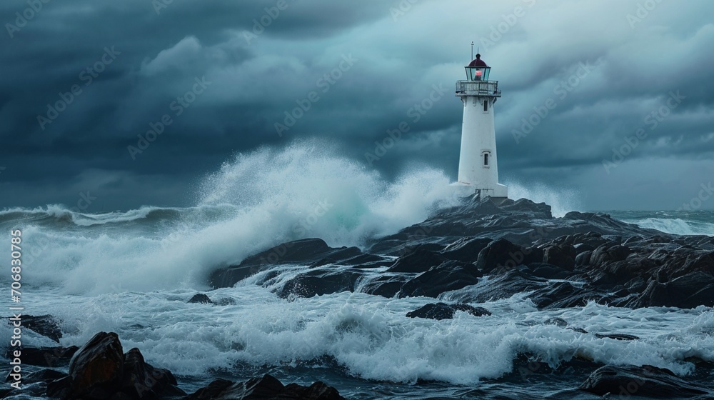 A lone lighthouse standing resilient against crashing waves, symbolizing guidance and hope in the tumultuous journey towards social justice, during a stormy twilight.