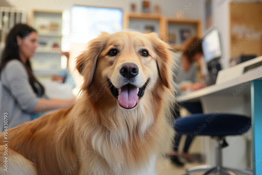 A happy therapy dog engaging with patients in a veterinary clinic, spreading joy and comfort with its presence, creating a positive atmosphere.