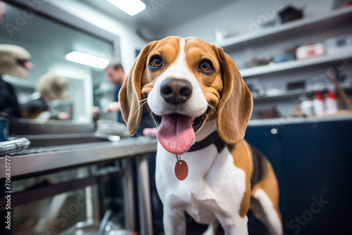 A smiling beagle receiving a treat from a veterinarian after a successful check-up, illustrating the positive reinforcement and care integral to veterinary practices.