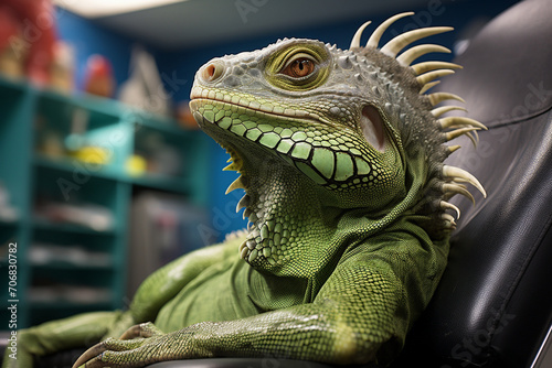 A contented iguana basking under the specialized lighting in a veterinary clinic, highlighting the expertise and attention given to exotic pets.