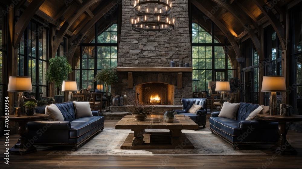 The open concept, vintage large room with a fireplace is perfect for relaxing