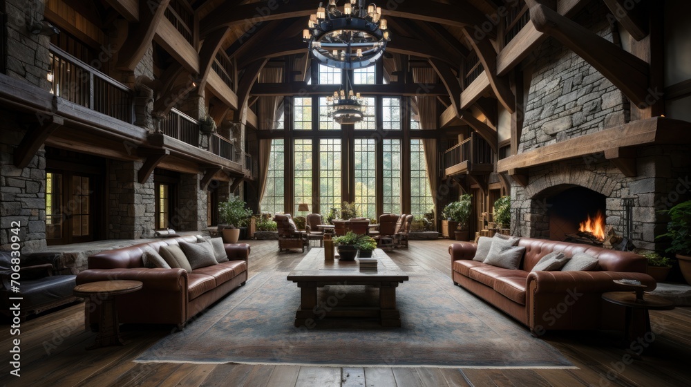 Fototapeta premium The open concept, vintage large room with a fireplace is perfect for relaxing