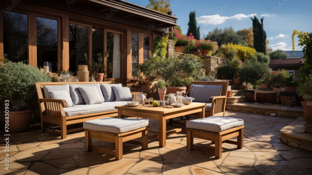 Wooden garden furniture on the terrace with floor made of wooden planks and plant decoration