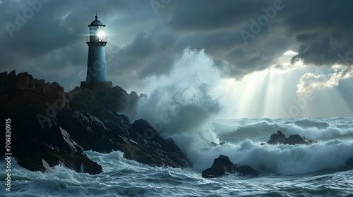A lone lighthouse standing resilient against crashing waves, symbolizing guidance and hope in the tumultuous journey towards social justice, during a stormy twilight.