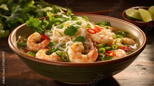 Cascades of flavorful broth cascade from a bowl filled with velvety rice noodles, succulent shrimp, and squid, adorned with vibrant green cilantro leaves and a squeeze of lime, transporting