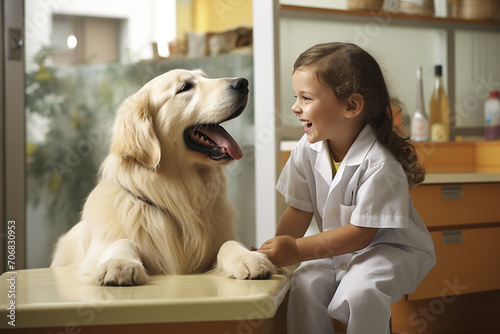 A therapy dog bringing joy to a group of children in the waiting room, creating a heartwarming and uplifting atmosphere within the veterinary clinic.