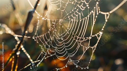 A magnified view of a spider web with dew drops, symbolizing the delicate balance and intricate network of social justice efforts, in the early morning light