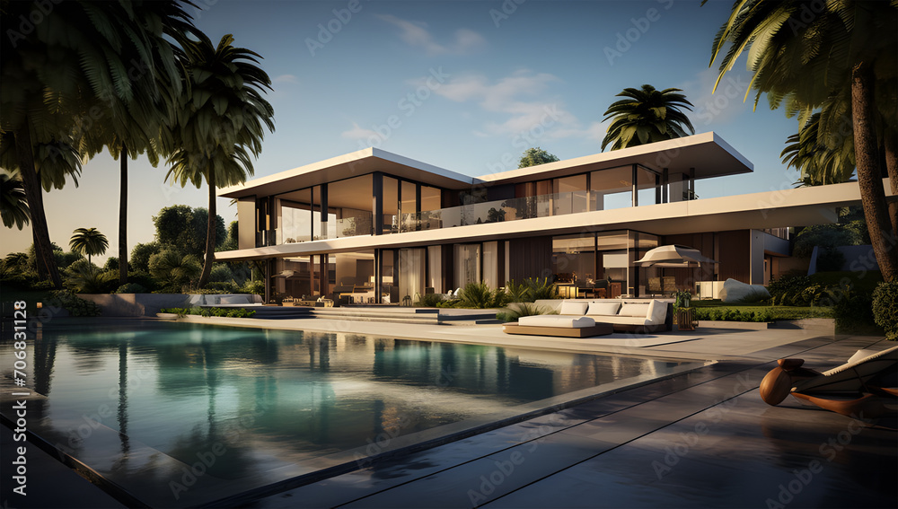 Fototapeta premium 3d rendering of a modern house with a swimming pool ai generative