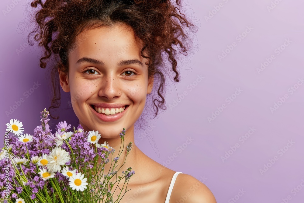 Woman with a radiant smile, holding a bouquet of wildflowers, on a soft lavender background. Woman with a radiant smile, holding a bouquet of wildflowers, on a soft lavender background.