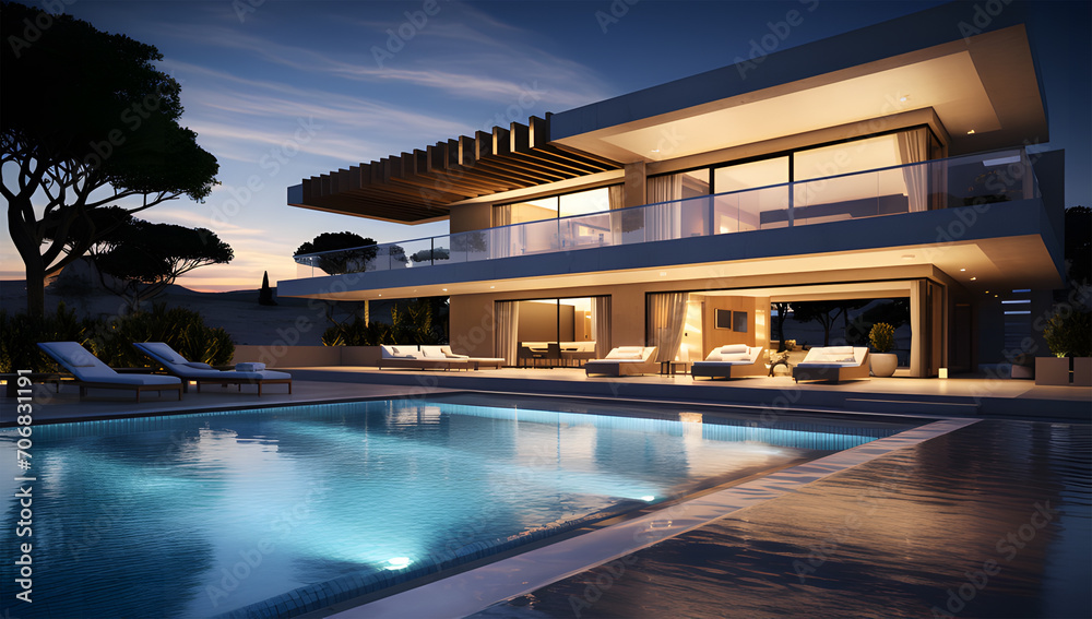 Fototapeta premium 3d rendering of a modern house with a swimming pool ai generative