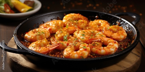 A plate of sizzling garlic prawns, served in a hot skillet. The prawns are bathed in a fragrant sauce made from olive oil, garlic, and chili flakes, creating a heavenly aroma and a perfect