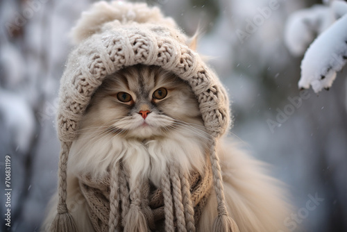 A fluffy Himalayan cat adorned with a cozy winter scarf and earmuffs, ready to embrace the chilly weather with feline fashion flair.