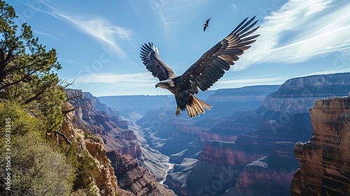A majestic eagle soaring high above a grand canyon, embodying freedom and the broad reach of justice, under a clear blue sky.