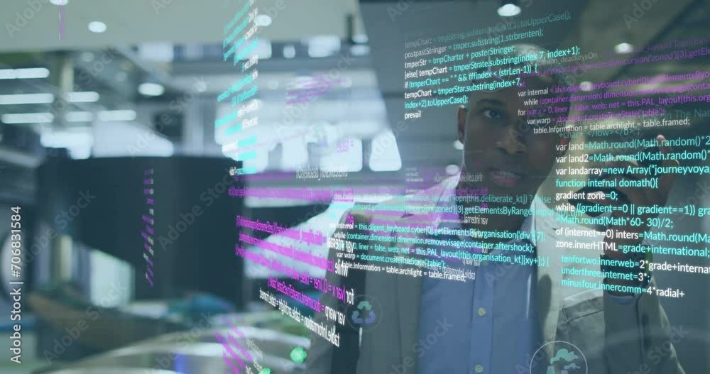 Animation of data processing over african american businessman talking on smartphone and walking Animation of data processing over african american businessman talking on smartphone and walking