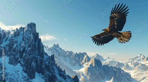 A majestic eagle soaring high above a rugged mountain range, under a clear blue sky. © SardarMuhammad