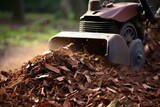 Close-up of a machine grinding a tree stump into wood debris and mulch. Generative AI