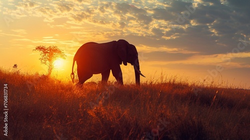 A majestic elephant walking through a savannah at sunrise, its silhouette against a vibrant sky