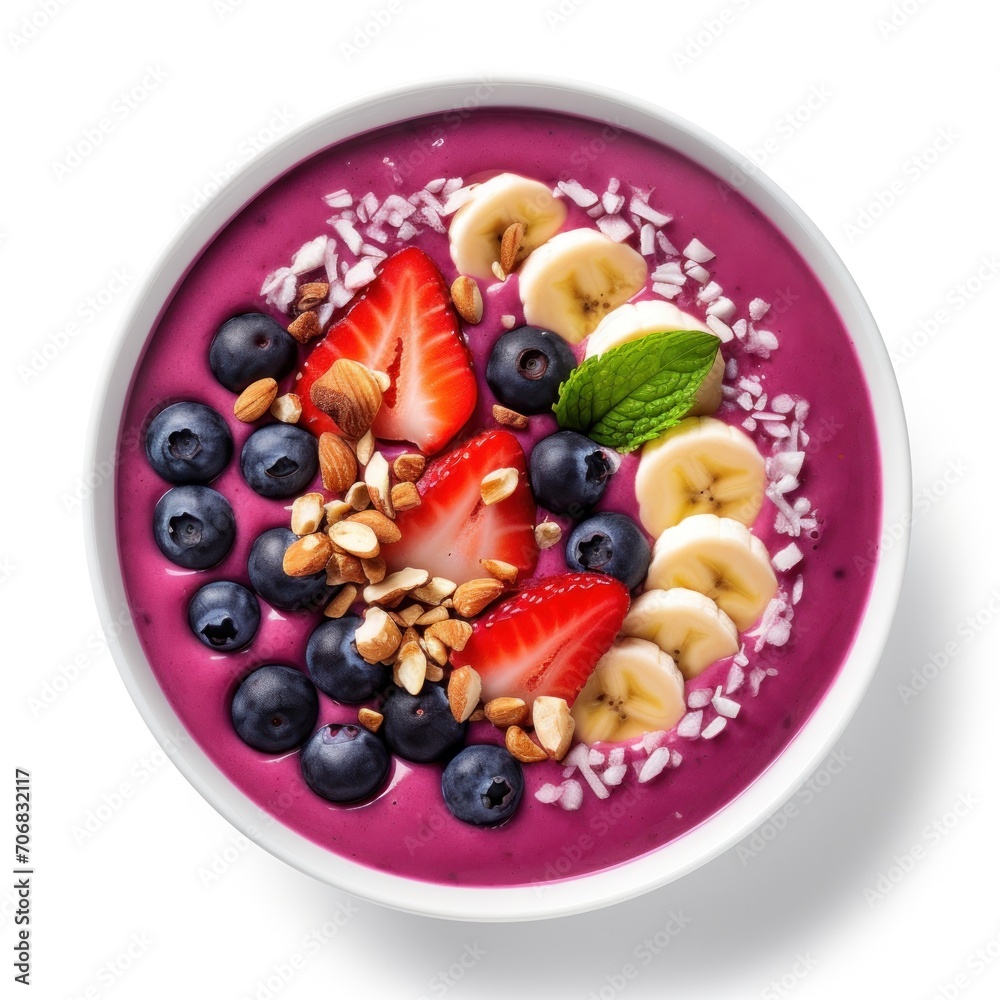 Acai Berry Bowl Smoothie on a round white bowl, on a plain white background Acai Berry Bowl Smoothie on a round white bowl, on a plain white background