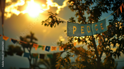 木にぶら下がっている、'peace'「平和」と書かれている青色の麻布のガーランド、太陽の逆光の木漏れ日