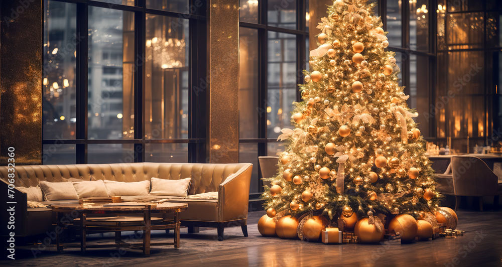 Beautiful Christmas tree in decorated living room. Festive interior